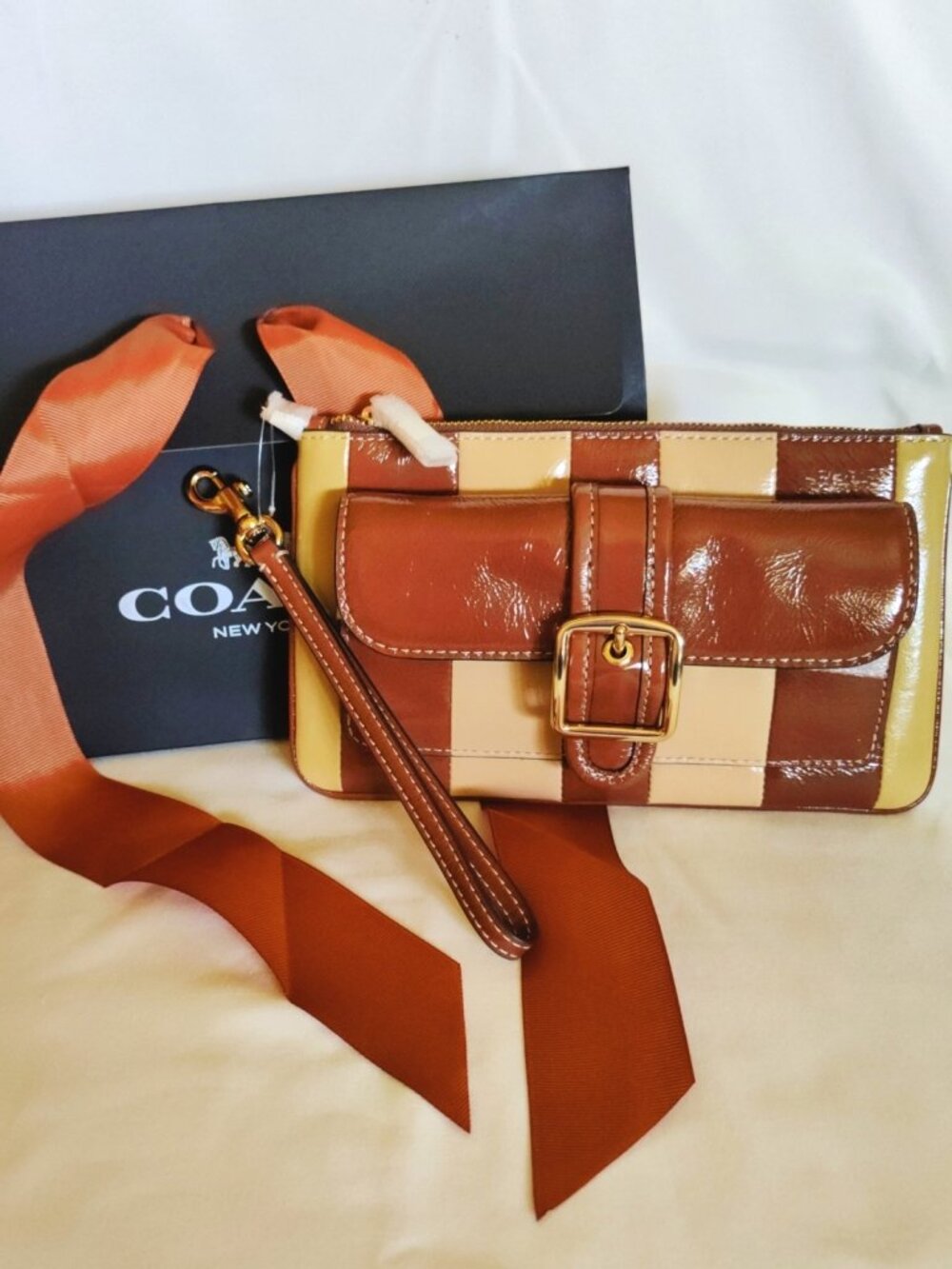 Coach Ashton Large Striped Patchwork Crinkled Leather Wristlet in Redwood Multi